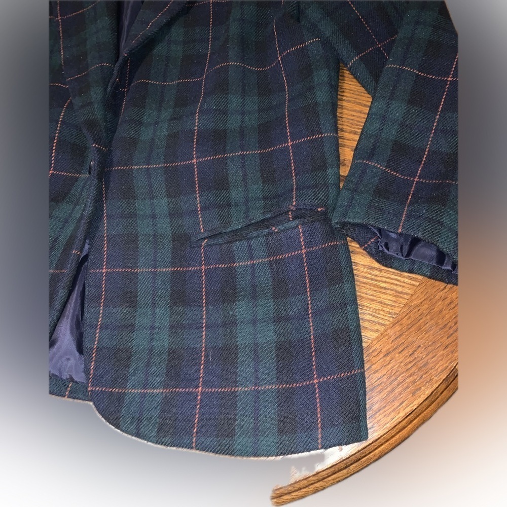 Vintage Wool Navy Green Structured Plaid Women’s Blazer Jacket Coat 8 Petite - Picture 7 of 10
